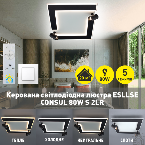 Управляемая светодиодная люстра CONSUL 80W S 2LR-480×480×125-WHITE/BLACK-220-IP20 10436 фото