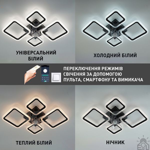 Смарт люстра з вентилятором керована світлодіодна FAN OVAL 70 Вт + 18 Вт 760x560x120 мм Чорна 10588-1 фото