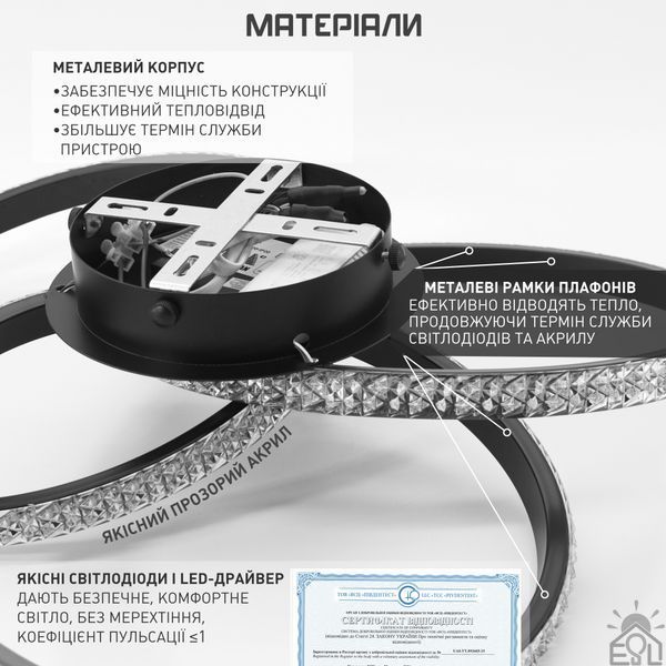 Смарт люстра керована світлодіодна VITA 3R 80 Вт 500x130 мм Чорна 10124 фото