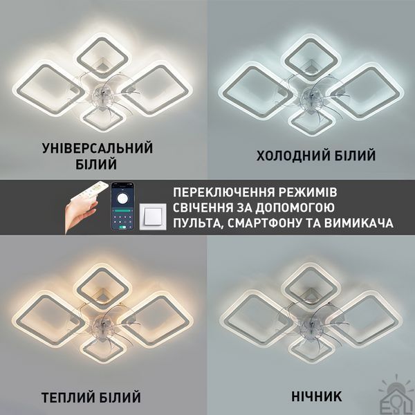 Смарт люстра з вентилятором керована світлодіодна FAN OVAL 70 Вт + 18 Вт 760x560x120 мм Бiла 10589-1 фото