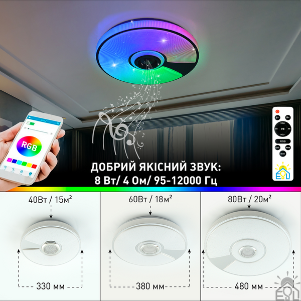 Керована МУЗИЧНА світлодіодна люстра SONG RGB 60W R-SMART-380×70-WHITE/CHROME/SHINY-220-IP20 10452 фото