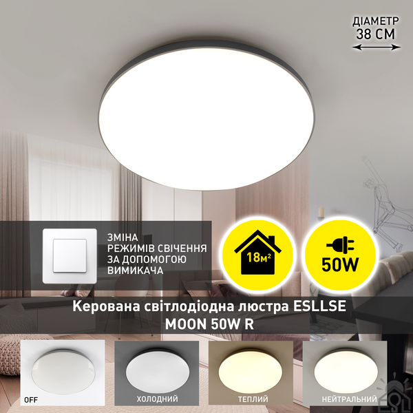 Управляемый светодиодный светильник MOON 50W R-ON/OFF-380×65-WHITE/SILVER-220-lP40 10408 фото