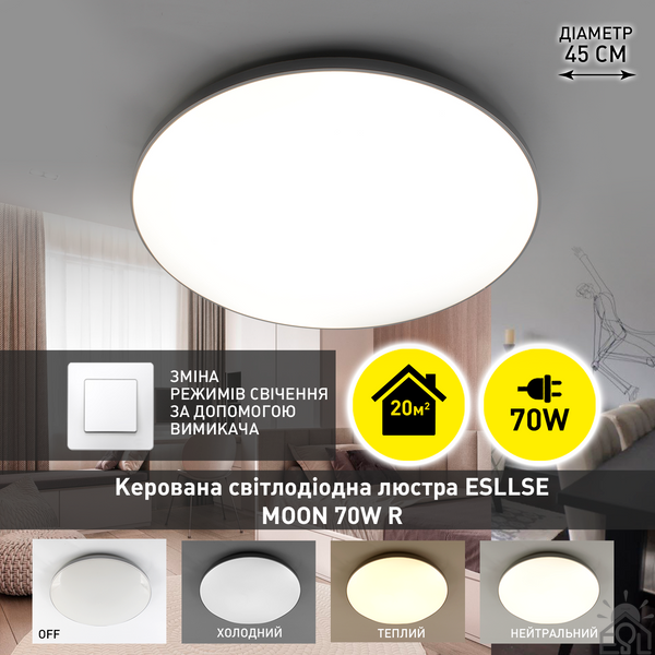 Керований світлодіодний світильник MOON 70W R-ON/OFF-450×65-WHITE/SILVER-220-IP40 10409 фото