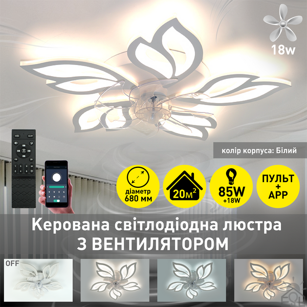 Керована світлодіодна люстра з вентилятором FAN ASTRA 85W+18W 5F-APP-680×120-WHITE/CLEAR-220-IP20 10419 фото