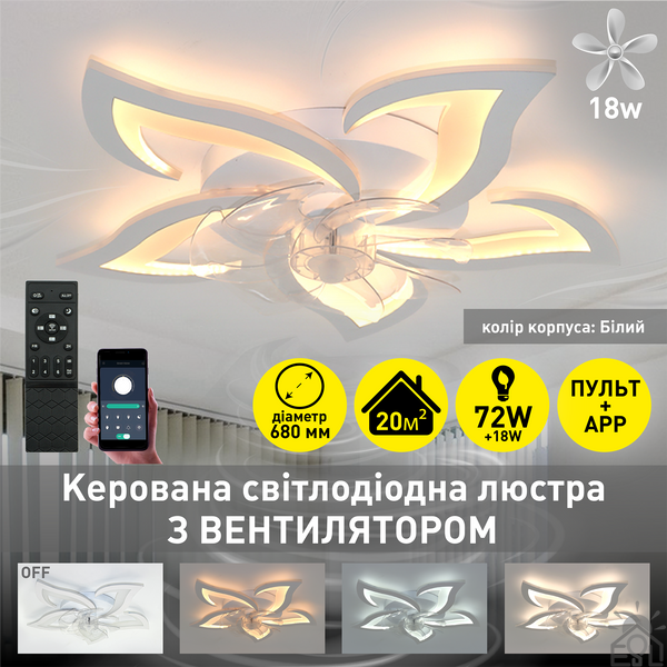 Управляемая светодиодная люстра с вентилятором FAN ELLA 72W+18W 5F-APP-680×120-WHITE/WHITE-220-IP20 10420 фото