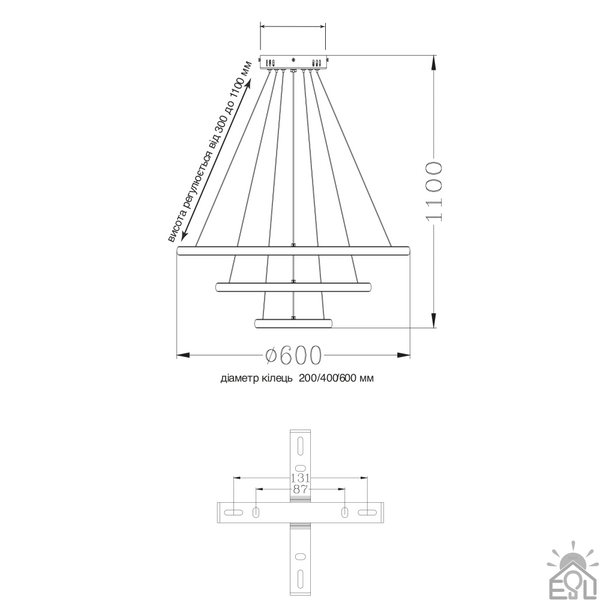 Керована світлодіодна люстра AKRILIKA 70W 3R ON/OFF-600×1100-BLACK-220-IP20 10430 фото